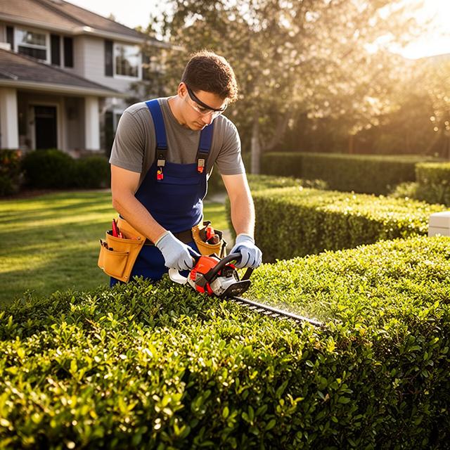 Landscaper trimming hedges